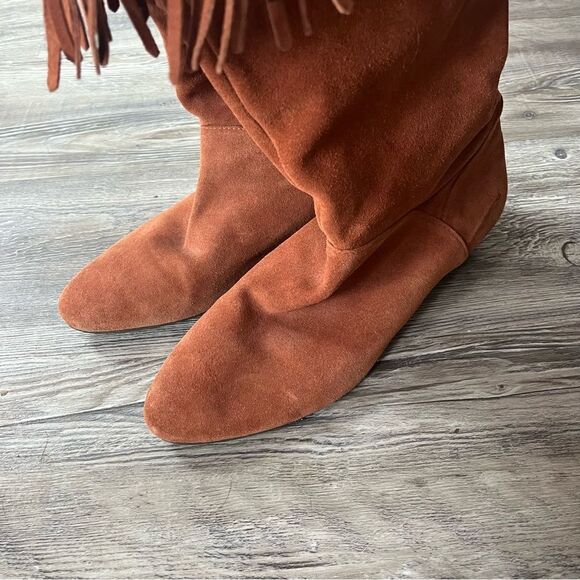 Gianni Bini rust suede knee high tall slouchy fringed boots with 1" wedge - Picture 5 of 14